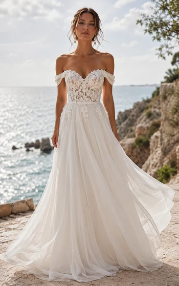 Off Shoulder A-Line Lace Wedding Dress with Sweetheart Bodice and Tulle Train