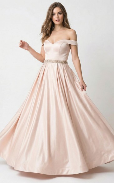 Blush Satin Ball Gown Off Shoulder A-Line Prom Dress with Beaded Waist