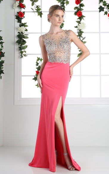 Sheath Jewel-Neck Sleeveless Jersey Illusion Dress With Beading And Split Front