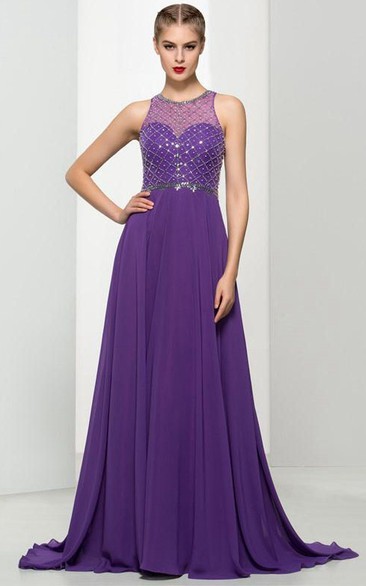 A-Line Jewel Neck Beading Long Prom Dress