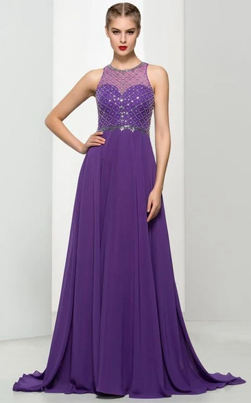 A-Line Jewel Neck Beading Long Prom Dress