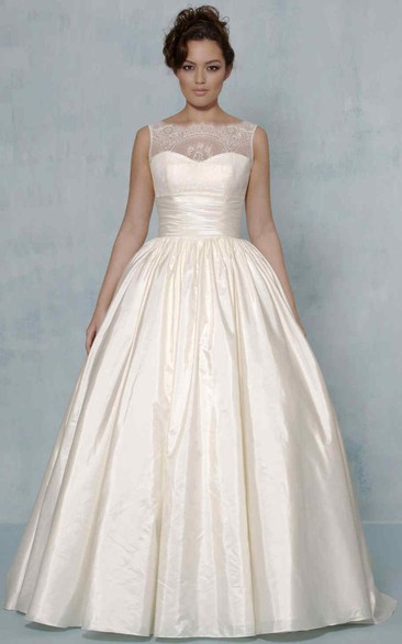 Ball Gown Sleeveless Bateau-Neck Long Satin&Lace Wedding Dress