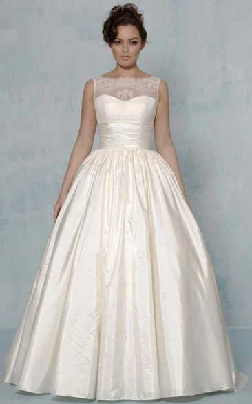 Ball Gown Sleeveless Bateau-Neck Long Satin&Lace Wedding Dress