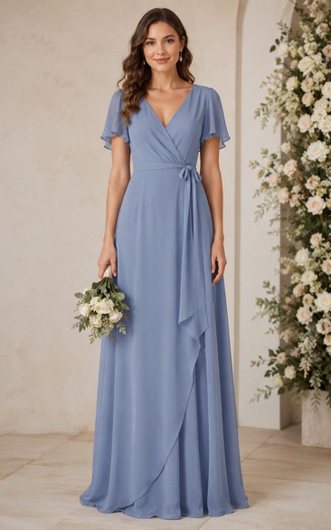 Steel Blue Wrap A-Line Chiffon Bridesmaid Dress with Flutter Sleeves