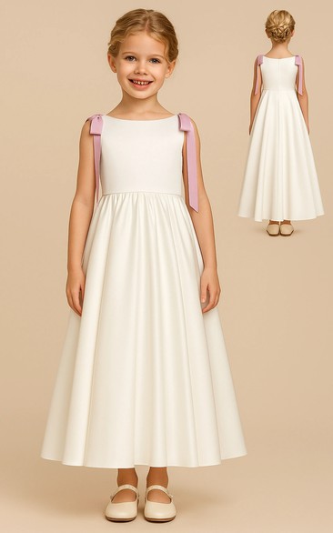 Scoop-neck Sleeveless White Ankle-length Dress with Bow