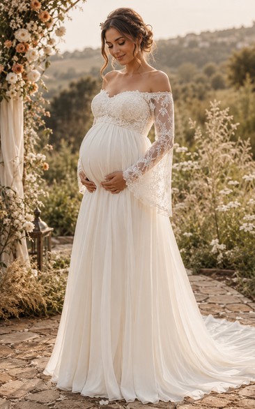Boho Maternity Off-the-Shoulder Wedding Dress with Lace Bell Sleeves & Empire Chiffon A-Line Train