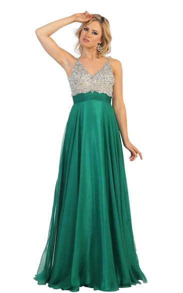 A-Line Maxi V-Neck Sleeveless Chiffon Deep-V Back Dress With Beading And Pleats