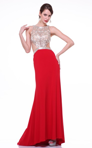 Sheath Scoop-Neck Sleeveless Jersey Dress With Sequins And Pleats