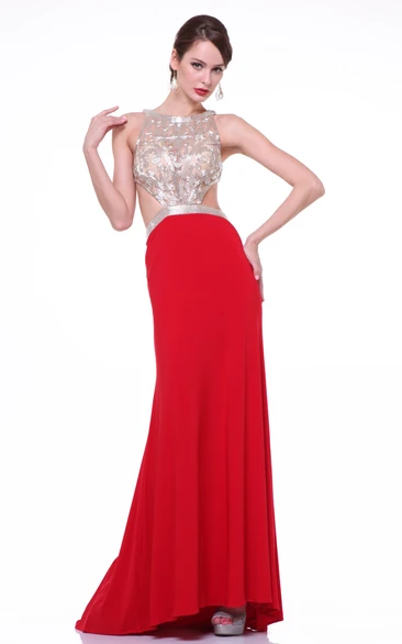 Sheath Scoop-Neck Sleeveless Jersey Dress With Sequins And Pleats