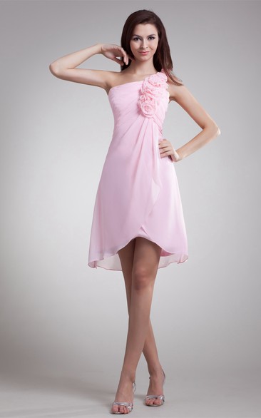 Pastel High-Low One-Shoulder Flower and Dress With Ruching