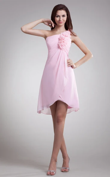 Pastel High-Low One-Shoulder Flower and Dress With Ruching