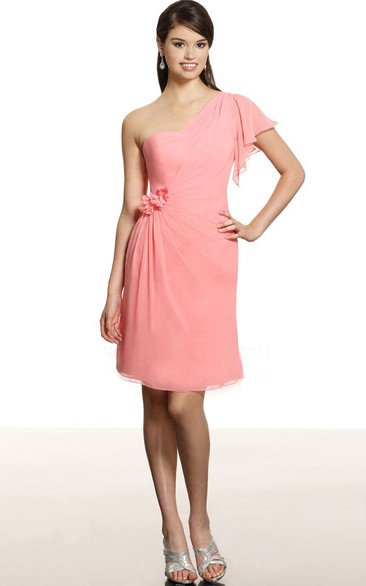 Short Floral One-Shoulder Sleeveless Chiffon Bridesmaid Dress With Draping