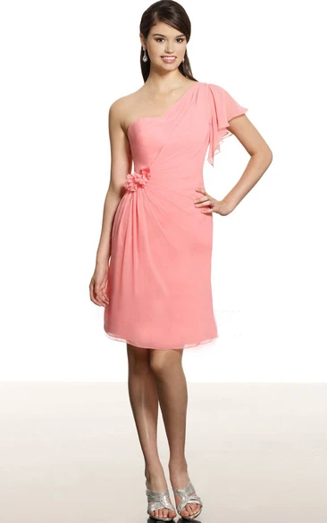 Short Floral One-Shoulder Sleeveless Chiffon Bridesmaid Dress With Draping