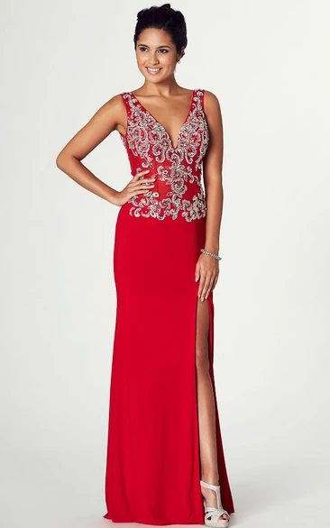 Maxi Appliqued Sleeveless V-Neck Jersey Prom Dress With Split Front
