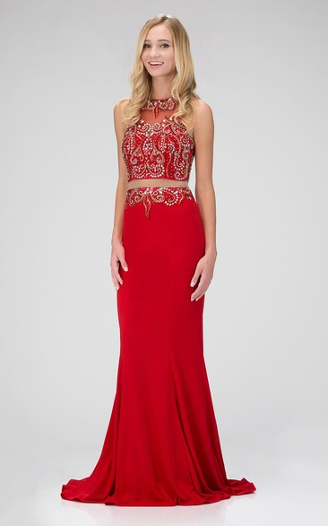 Two-Piece Sheath Long Scoop-Neck Sleeveless Jersey Zipper Dress With Beading