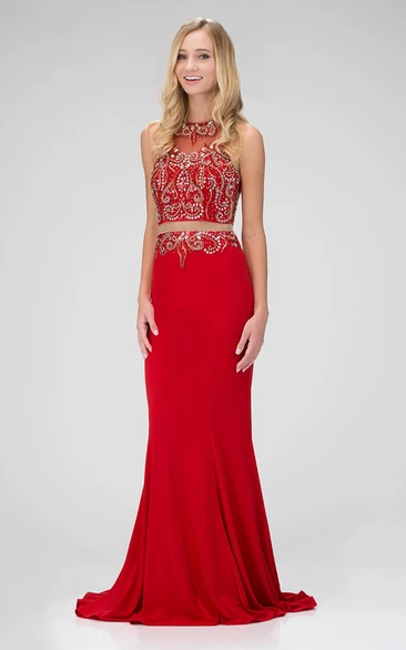 Two-Piece Sheath Long Scoop-Neck Sleeveless Jersey Zipper Dress With Beading