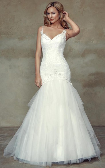 Mermaid Sleeveless Floor-Length Appliqued Spaghetti Lace & Tulle & Satin A Line Wedding Dress With Ruffles And Backless Style