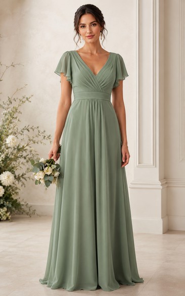 Sage A-Line Chiffon V-Neck Bridesmaid Dress with Flutter Sleeves