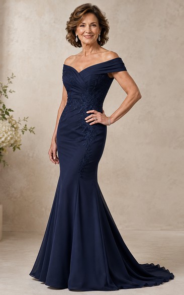 Mermaid Off-the-Shoulder Short Sleeve Stretch Satin Mother Dress with Ruching