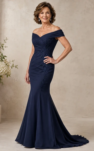 Mermaid Off-the-Shoulder Short Sleeve Stretch Satin Mother Dress with Ruching