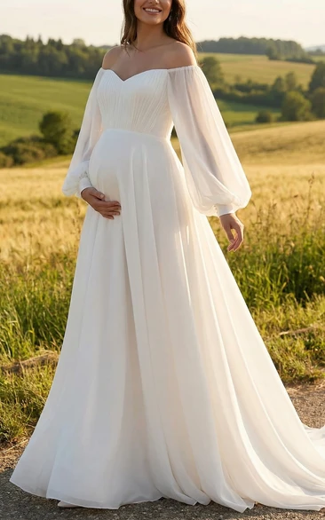 White Off Shoulder Maternity Wedding Dress with Poet Sleeves