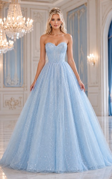Sky Blue Strapless Glitter Tulle Ball Gown Prom Dress with Sweetheart Bodice