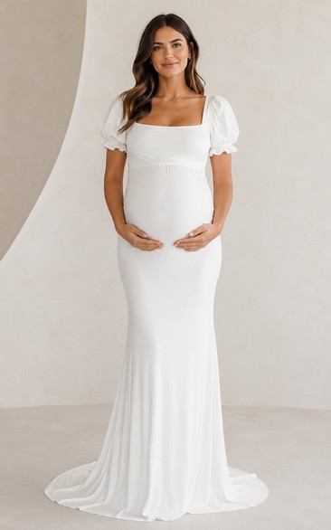 White Square Neck Puff Sleeve Maternity Dress