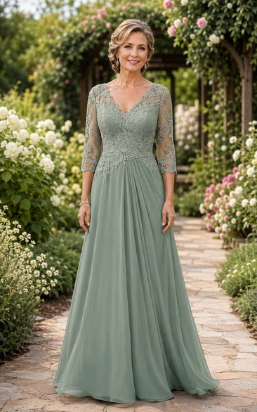 Sage V-Neck Lace 3/4 Sleeve Chiffon A-Line Mother of the Bride Dress