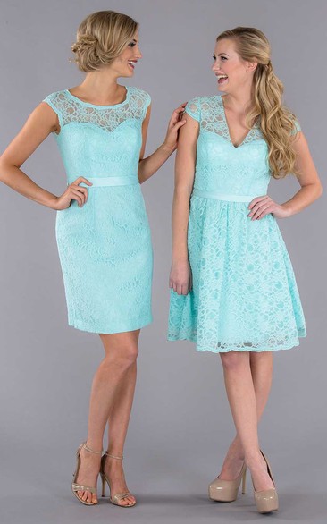 Short V-Neck Cap Sleeve Ribboned Lace Bridesmaid Dress With Keyhole