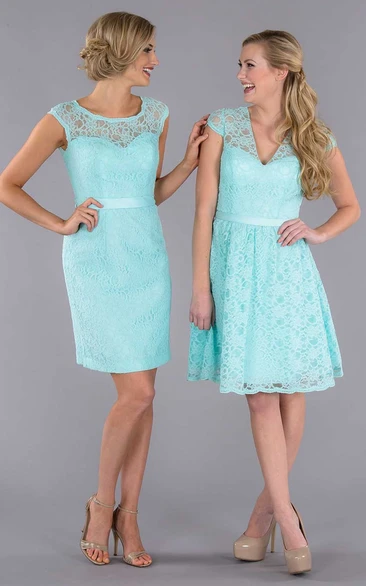 Short V-Neck Cap Sleeve Ribboned Lace Bridesmaid Dress With Keyhole