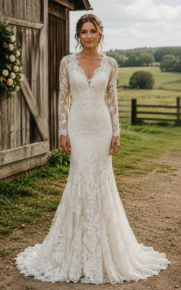 Long Sleeve Mermaid Lace Country Wedding Dress with Scalloped V Back Train