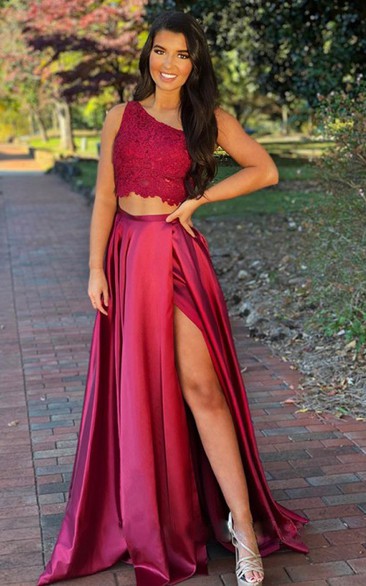 Casual A Line Two Piece One-shoulder Sleeveless Prom Dress With Split Front