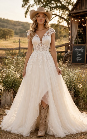 Cap Sleeve A-Line Lace Country Wedding Dress with Illusion Back and Train