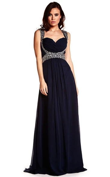 Sleeveless Beaded Strapped Chiffon Prom Dress With Criss Cross