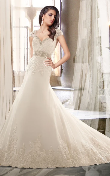 Queen Anne Neck Beaded Wedding Dress Styles With Chapel Train