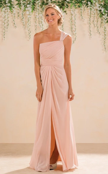 One-Shoulder A-Line Long Bridesmaid Dress With Front Slit And Pleats