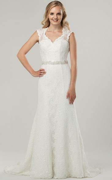 Maxi V-Neck Beaded Bowed Lace Wedding Dress With Sweep Train And Keyhole