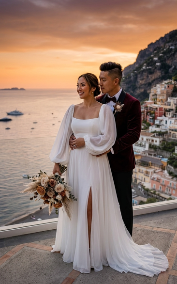 Plus Size Square Neck Long Sleeve Wedding Dress with Chiffon Skirt and Front Split