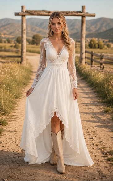 Western High-Low Lace Country Wedding Dress with Long Sleeves and Chapel Train