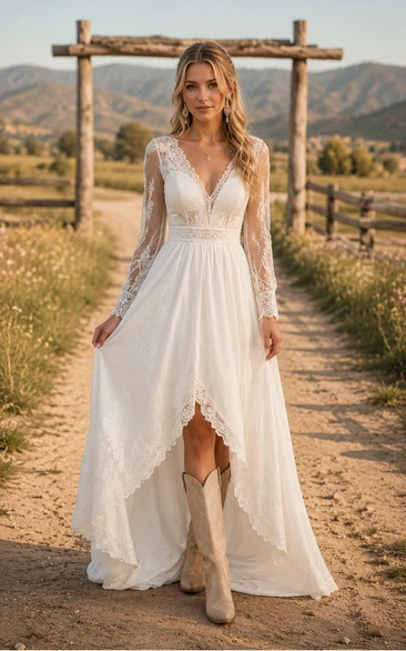 Western High-Low Lace Country Wedding Dress with Long Sleeves and Chapel Train