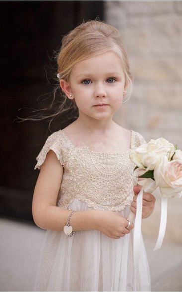 Newest Chiffon A-line Lace Appliques Flower Girl Dress Cap Sleeve