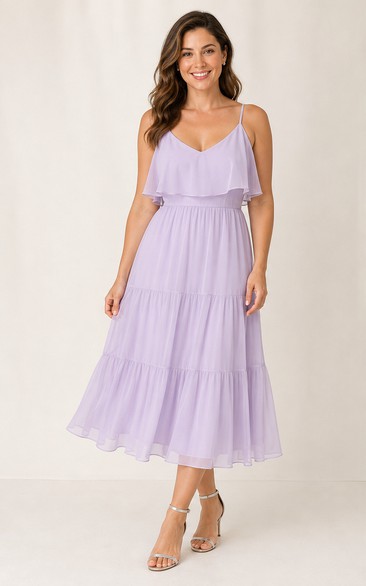 Lilac Tiered Tulle Spaghetti Strap Tea-Length Dress