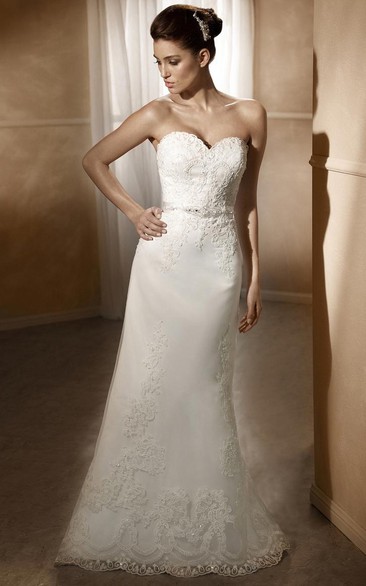 Sheath Maxi Sweetheart Jeweled Lace Wedding Dress With Appliques And V Back