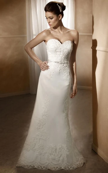 Sheath Maxi Sweetheart Jeweled Lace Wedding Dress With Appliques And V Back