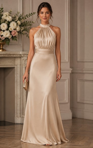 Champagne Halter Satin Sheath Bridesmaid Dress