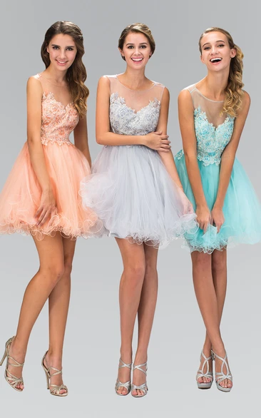 A-Line Short Scoop-Neck Sleeveless Tulle Illusion Dress With Appliques