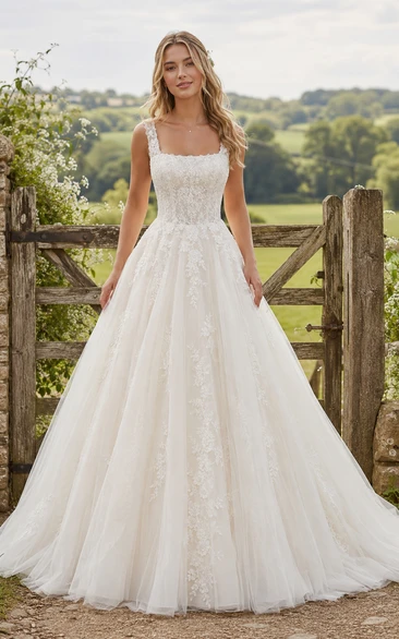 Country Square Tulle A-line Wedding Dress with Lace