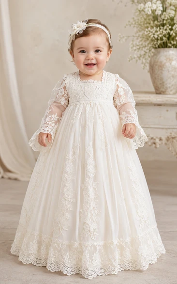 Baby Christening Gown Modest Princess Ball Gown Long Sleeve Illusion Tulle Lace Floor-Length with Bow Sash in Ivory