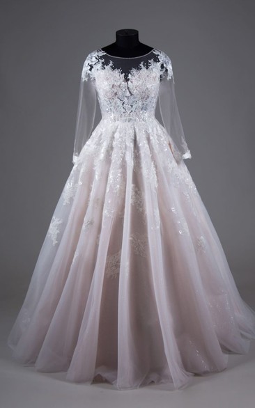 Blushing Illusion Long Sleeve Scoop-neck Ball Gown Plus Size Princess Wedding Dress with Pleats