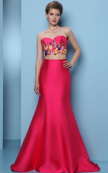 Mermaid Floor-Length Embroidered Sleeveless Sweetheart Satin Prom Dress With Sequins